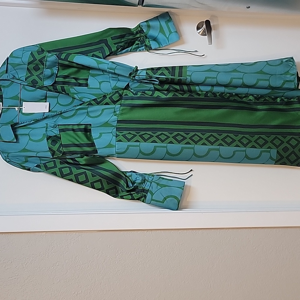 Mango | Green and Blue Wrap Dress with 3/4 Bishop Sleeves for Cocktail - Picture 8 of 14